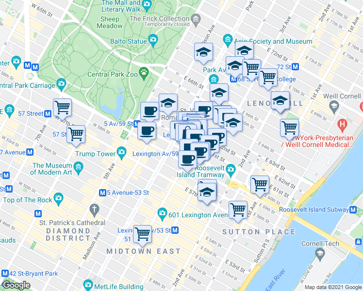 map of restaurants, bars, coffee shops, grocery stores, and more near 115 East 61st Street in New York