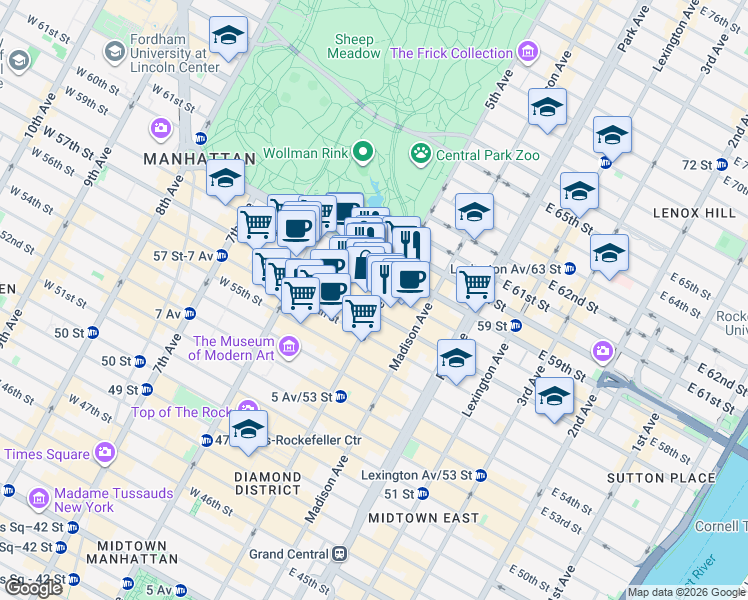 map of restaurants, bars, coffee shops, grocery stores, and more near 65 East 55th Street in New York