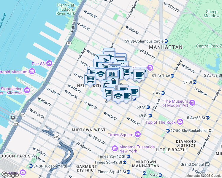 map of restaurants, bars, coffee shops, grocery stores, and more near 751 9th Avenue in New York