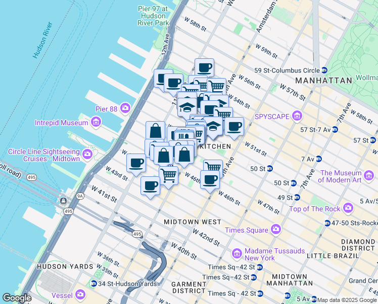 map of restaurants, bars, coffee shops, grocery stores, and more near 515 West 48th Street in New York