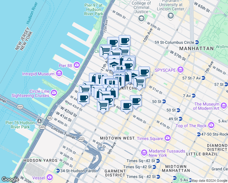 map of restaurants, bars, coffee shops, grocery stores, and more near 515 West 48th Street in New York