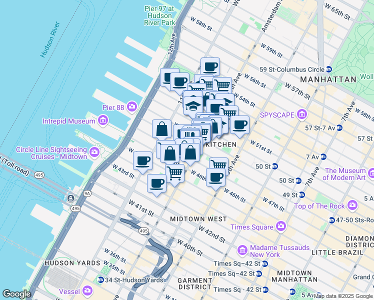 map of restaurants, bars, coffee shops, grocery stores, and more near 515 West 48th Street in New York