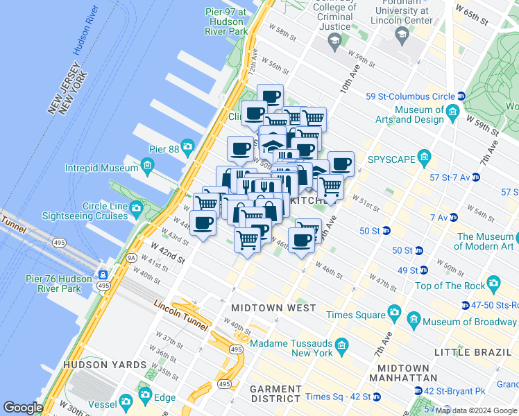 map of restaurants, bars, coffee shops, grocery stores, and more near 515 West 48th Street in New York