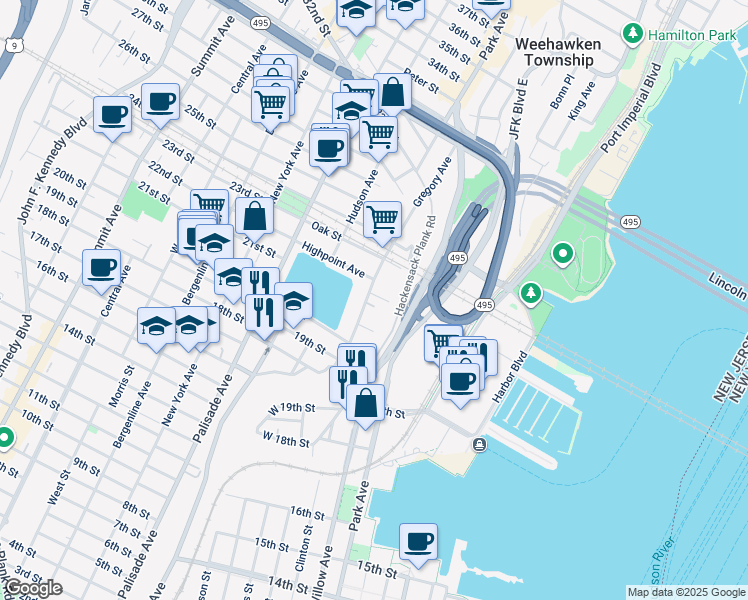 map of restaurants, bars, coffee shops, grocery stores, and more near 470 Gregory Avenue in Weehawken