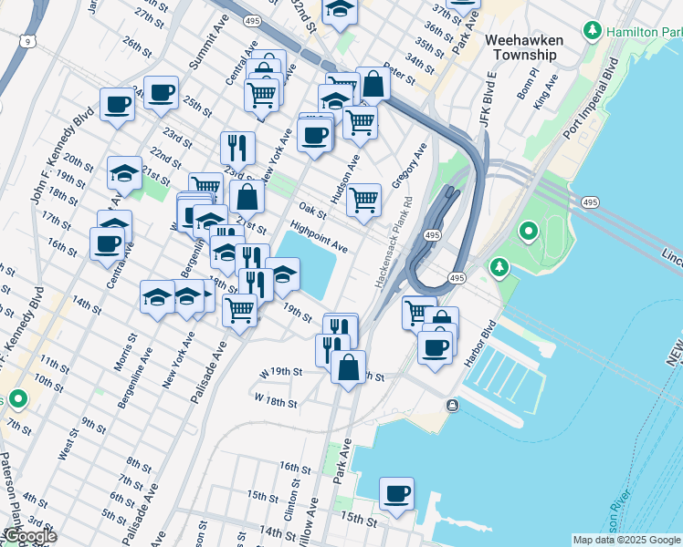 map of restaurants, bars, coffee shops, grocery stores, and more near 453 Gregory Avenue in Weehawken