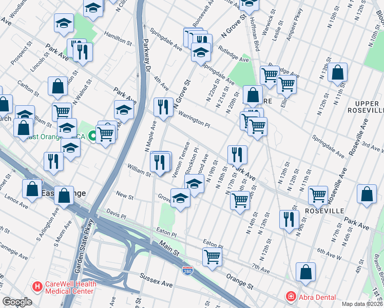 map of restaurants, bars, coffee shops, grocery stores, and more near 80 Vernon Terrace in East Orange