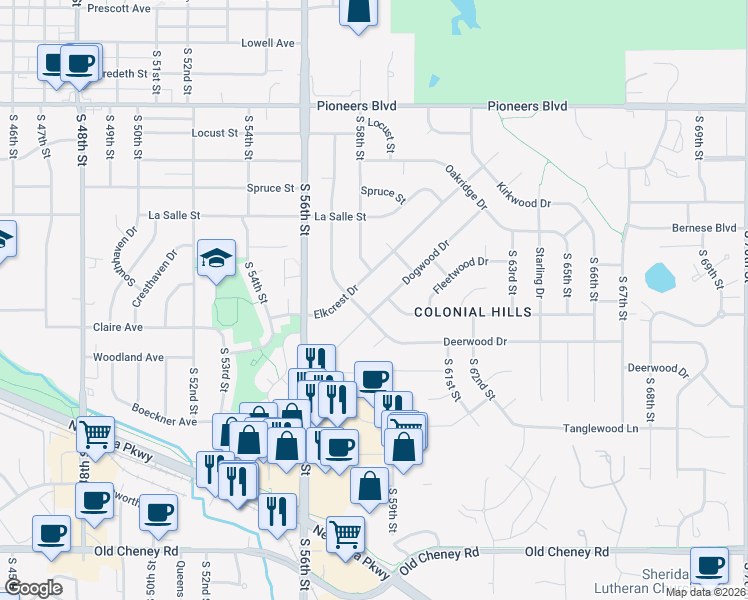 map of restaurants, bars, coffee shops, grocery stores, and more near 5716 Elkcrest Drive in Lincoln