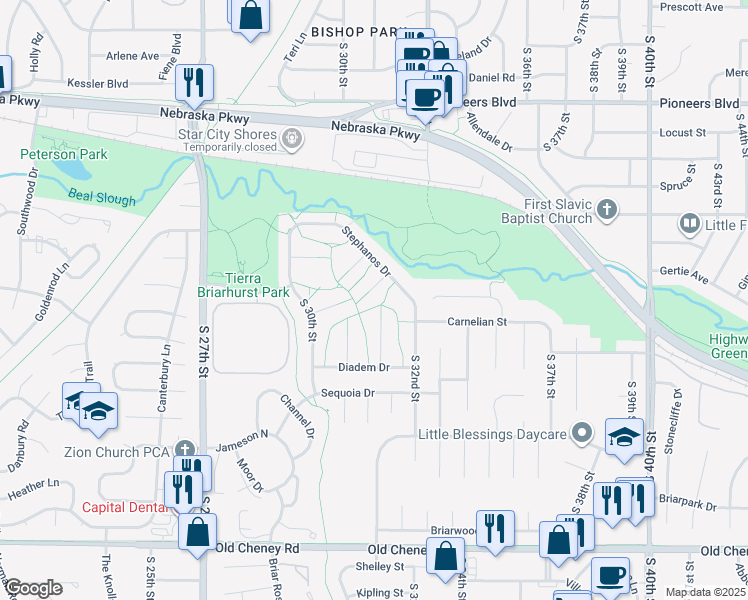map of restaurants, bars, coffee shops, grocery stores, and more near 3141 Onyx Court in Lincoln