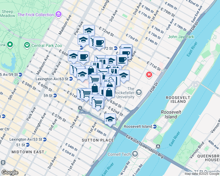 map of restaurants, bars, coffee shops, grocery stores, and more near 350 East 65th Street in New York