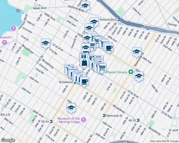 map of restaurants, bars, coffee shops, grocery stores, and more near in Queens