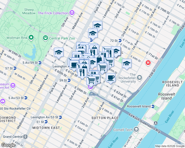 map of restaurants, bars, coffee shops, grocery stores, and more near 220 East 63rd Street in New York