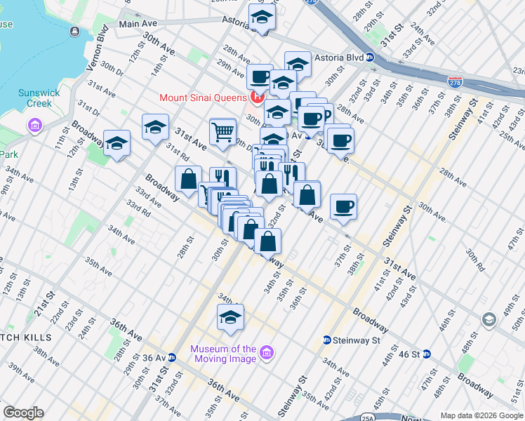 map of restaurants, bars, coffee shops, grocery stores, and more near in Queens