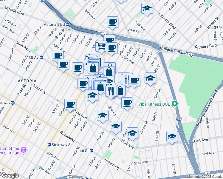 map of restaurants, bars, coffee shops, grocery stores, and more near in Queens