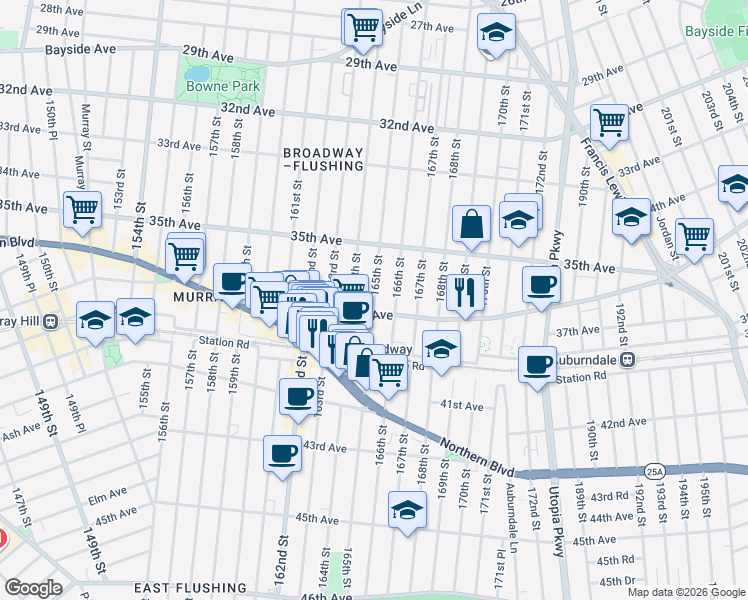map of restaurants, bars, coffee shops, grocery stores, and more near 165th Street in Queens