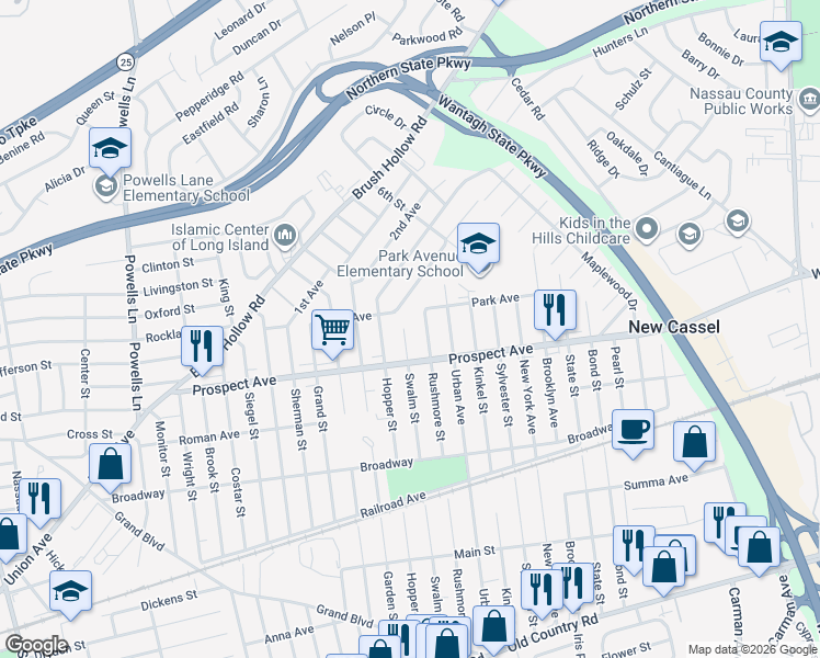 map of restaurants, bars, coffee shops, grocery stores, and more near 12 4th Avenue in Westbury