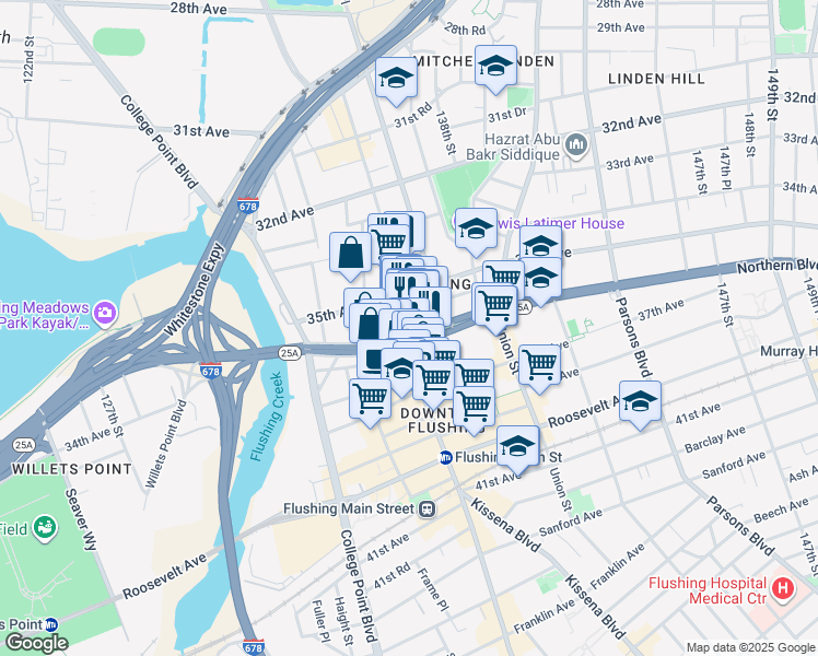 map of restaurants, bars, coffee shops, grocery stores, and more near 35-15 Farrington Street in Queens