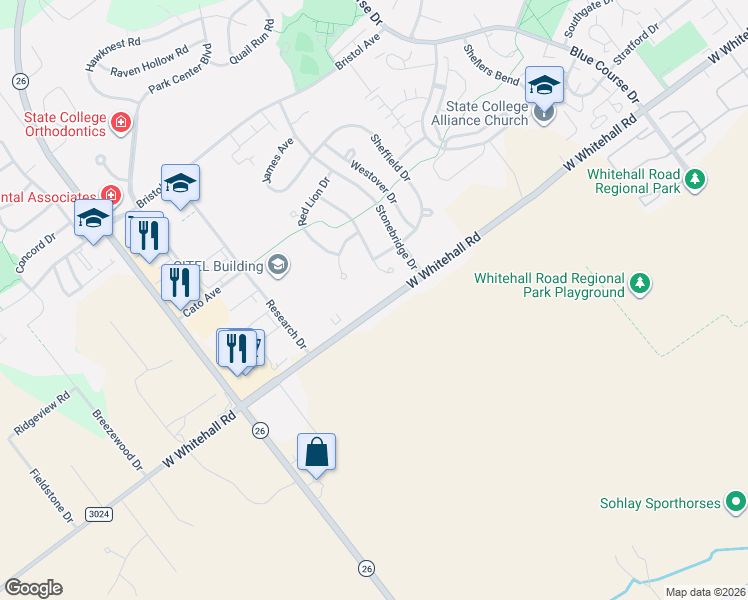 map of restaurants, bars, coffee shops, grocery stores, and more near 1741 West Whitehall Road in State College