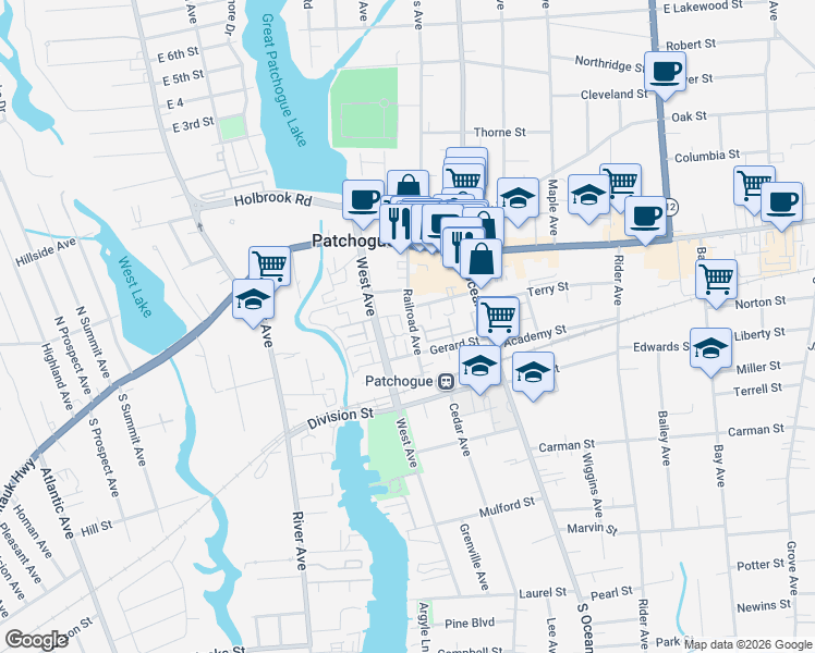 map of restaurants, bars, coffee shops, grocery stores, and more near 48 Church Street in Patchogue
