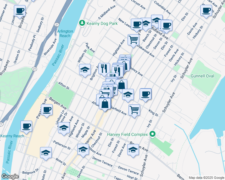 map of restaurants, bars, coffee shops, grocery stores, and more near 365 Kearny Avenue in Kearny