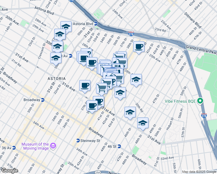 map of restaurants, bars, coffee shops, grocery stores, and more near 2858 Steinway Street in Queens