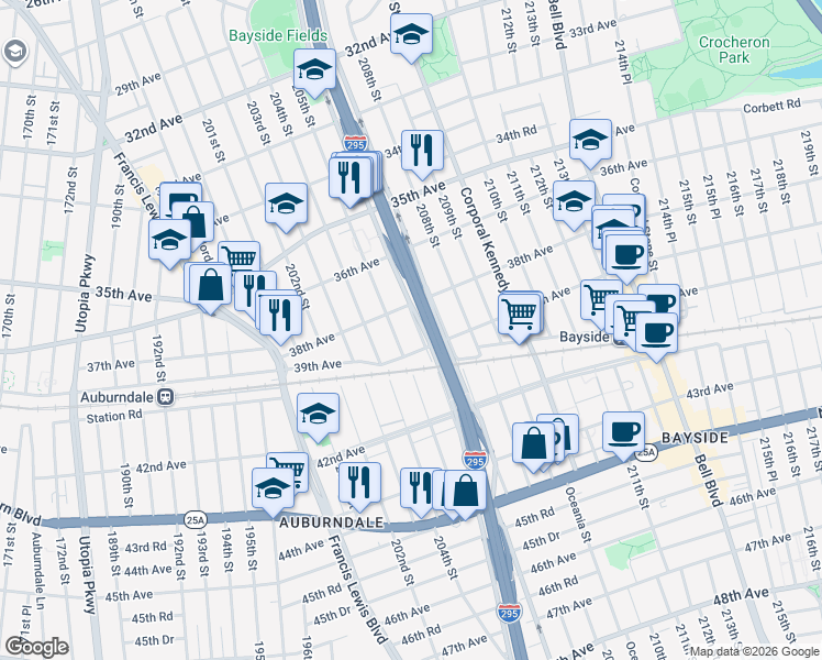 map of restaurants, bars, coffee shops, grocery stores, and more near 3802 Clearview Expressway Service Road in Queens