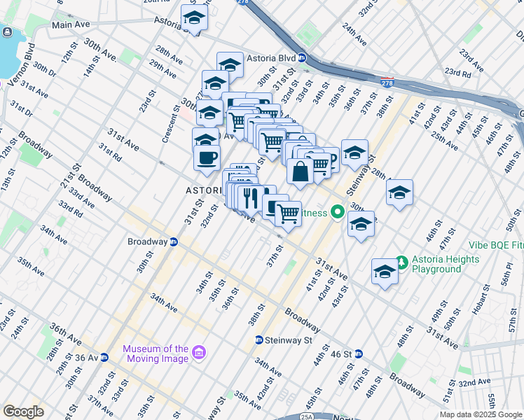 map of restaurants, bars, coffee shops, grocery stores, and more near 30-65 34th Street in Queens