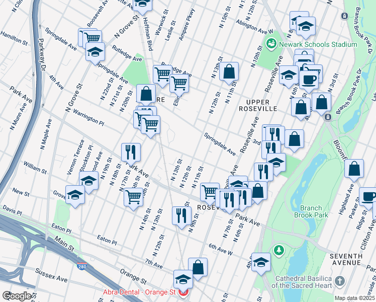 map of restaurants, bars, coffee shops, grocery stores, and more near 200 North 12th Street in Newark
