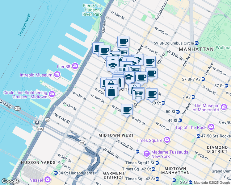 map of restaurants, bars, coffee shops, grocery stores, and more near W 48th St & 10th Ave in New York