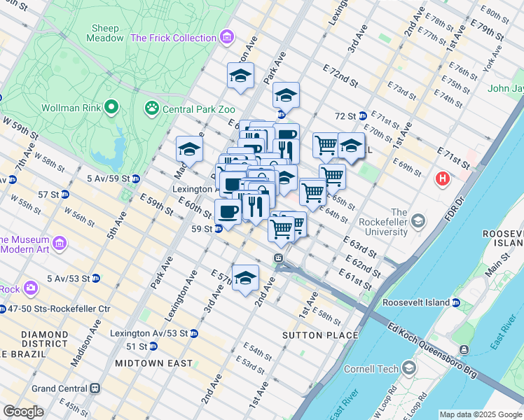 map of restaurants, bars, coffee shops, grocery stores, and more near East 62nd Street in New York