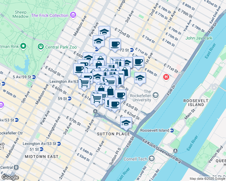 map of restaurants, bars, coffee shops, grocery stores, and more near 300 East 64th Street in New York
