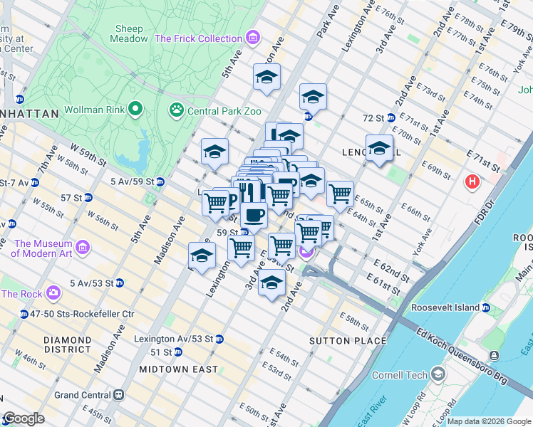 map of restaurants, bars, coffee shops, grocery stores, and more near 141 East 62nd Street in New York