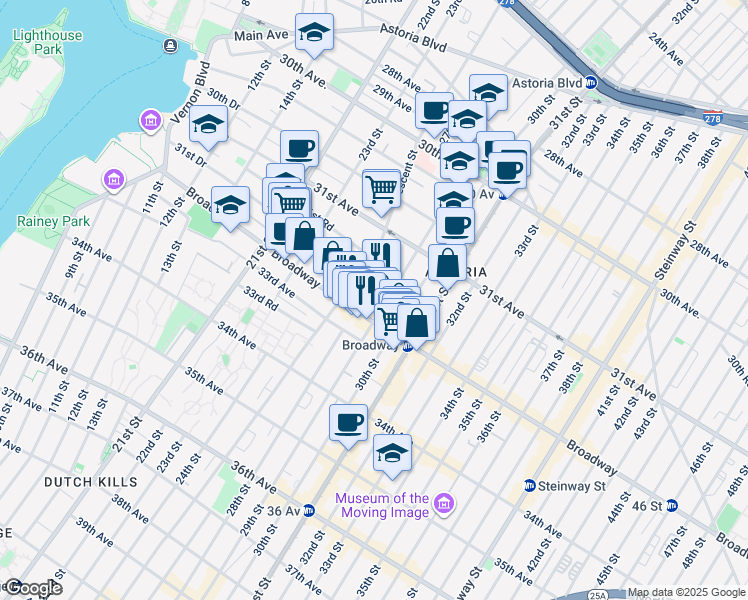 map of restaurants, bars, coffee shops, grocery stores, and more near 31-69 Crescent Street in Queens