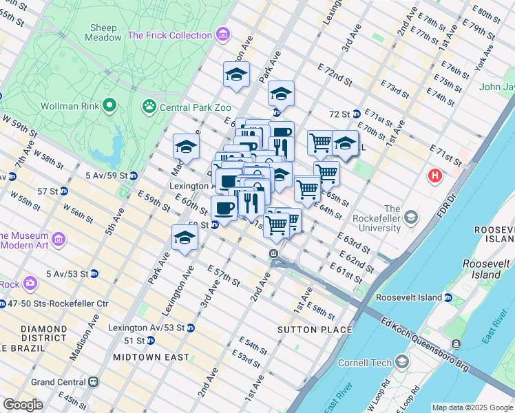 map of restaurants, bars, coffee shops, grocery stores, and more near 3rd Ave & E 62nd St in New York