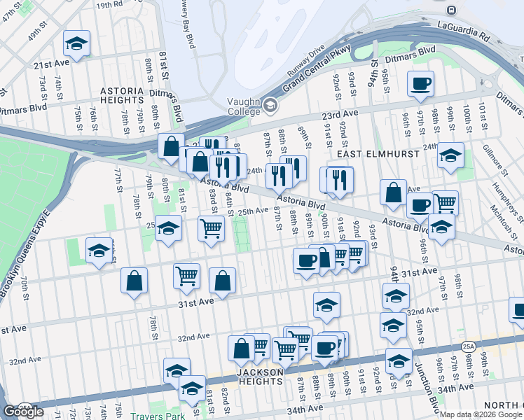 map of restaurants, bars, coffee shops, grocery stores, and more near 86-18 Astoria Boulevard in Queens