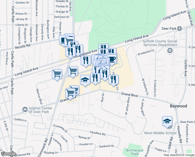 map of restaurants, bars, coffee shops, grocery stores, and more near 1601 The Arches Circle in Deer Park
