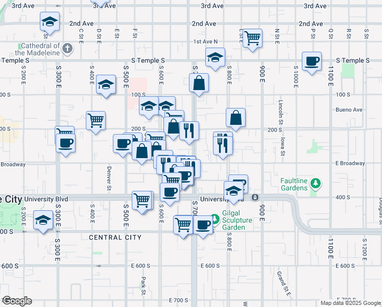map of restaurants, bars, coffee shops, grocery stores, and more near 3 South 700 East in Salt Lake City
