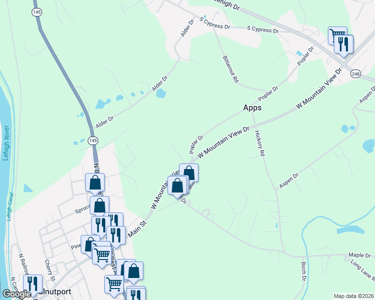 map of restaurants, bars, coffee shops, grocery stores, and more near 4826 Poplar Drive in Walnutport
