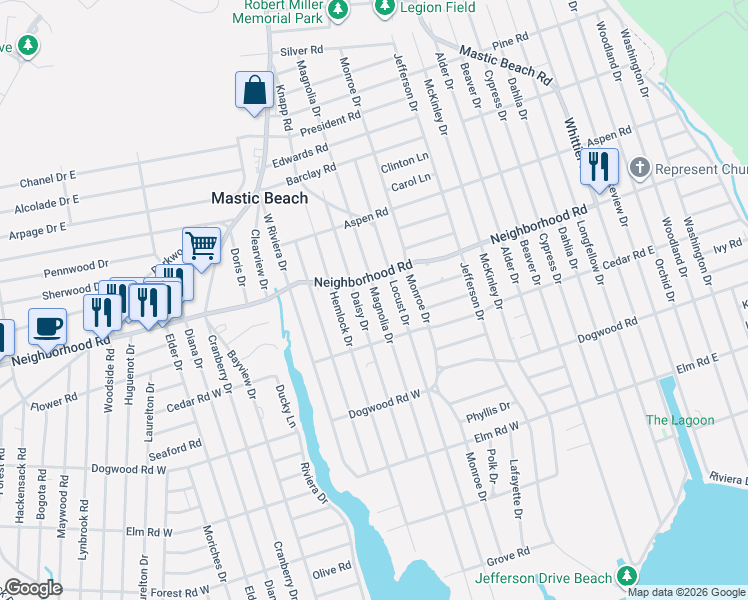 map of restaurants, bars, coffee shops, grocery stores, and more near 196 Birch Road in Mastic Beach