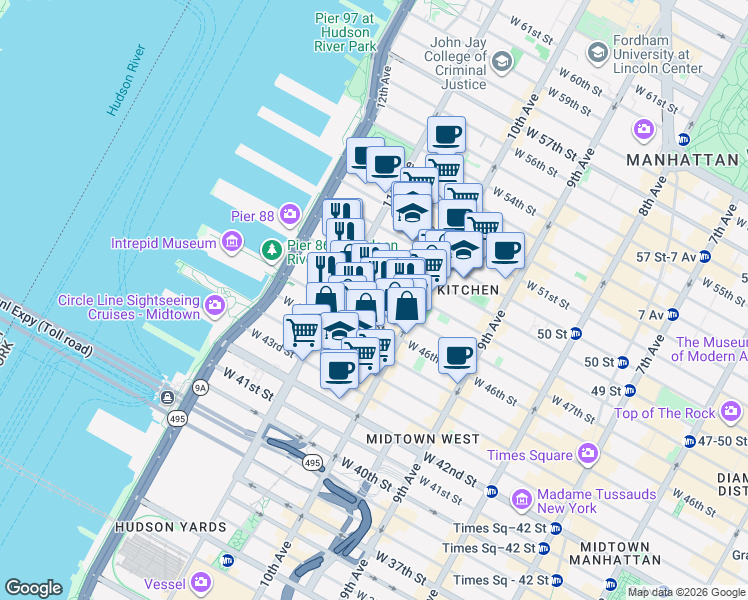 map of restaurants, bars, coffee shops, grocery stores, and more near 546 West 48th Street in New York