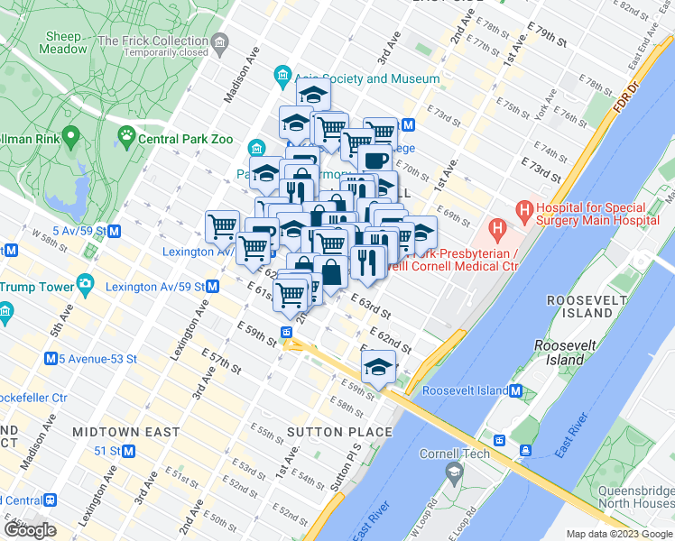 map of restaurants, bars, coffee shops, grocery stores, and more near in New York