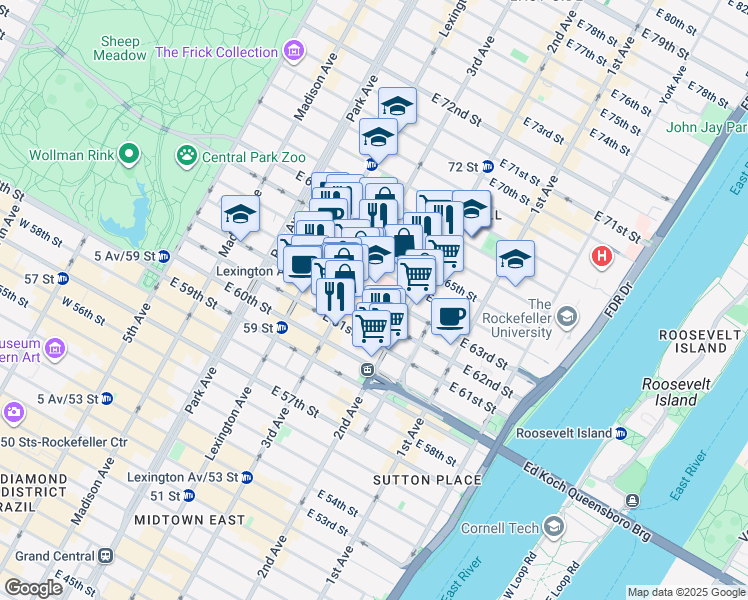 map of restaurants, bars, coffee shops, grocery stores, and more near 220 East 63rd Street in New York