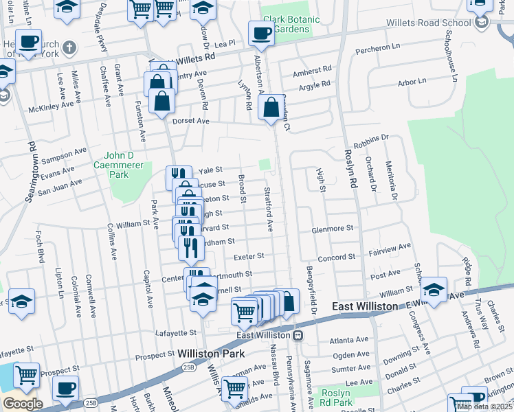 map of restaurants, bars, coffee shops, grocery stores, and more near 207 Broad Street in Williston Park