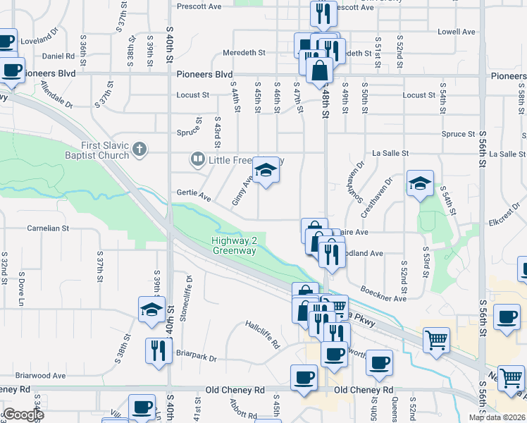 map of restaurants, bars, coffee shops, grocery stores, and more near 4740 South 45th Street in Lincoln