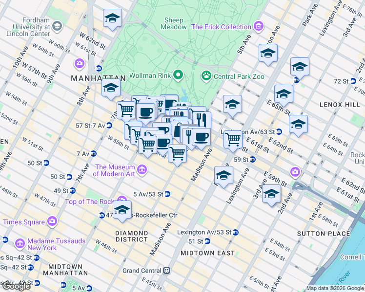 map of restaurants, bars, coffee shops, grocery stores, and more near 742 5th Avenue in New York