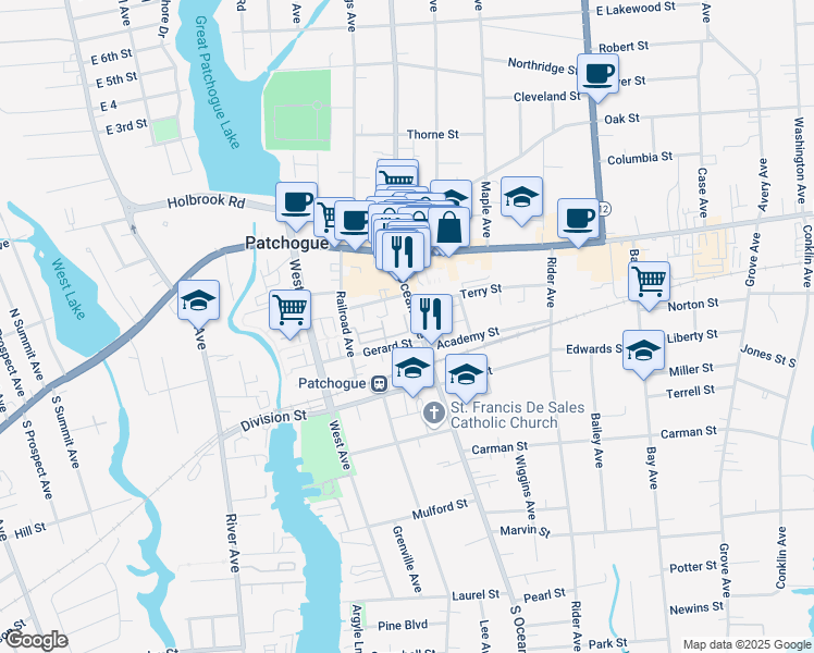 map of restaurants, bars, coffee shops, grocery stores, and more near Maler Lane in Patchogue