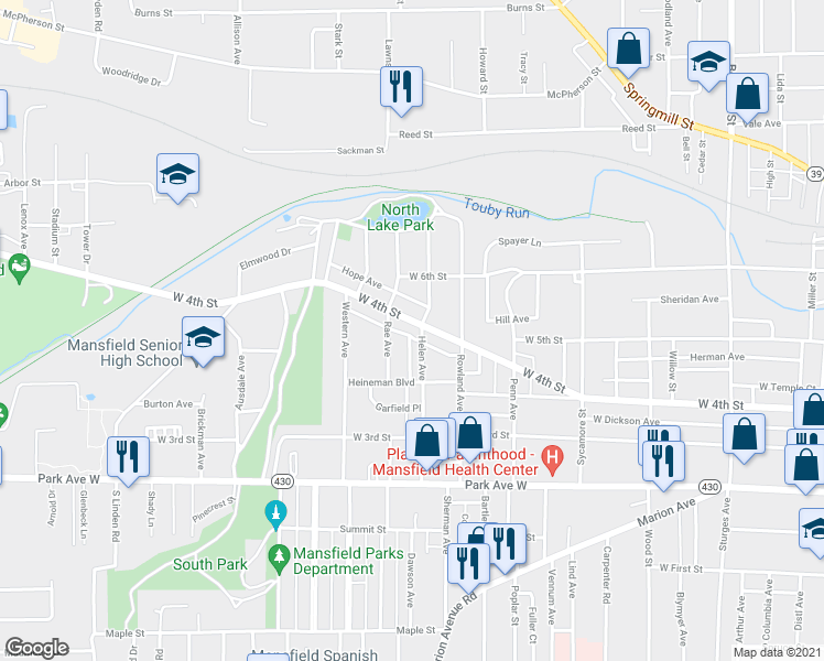 map of restaurants, bars, coffee shops, grocery stores, and more near 559 West 4th Street in Mansfield