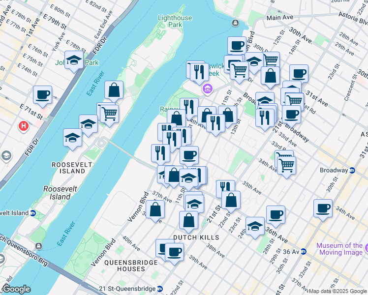 map of restaurants, bars, coffee shops, grocery stores, and more near 34-36 10th Street in Queens