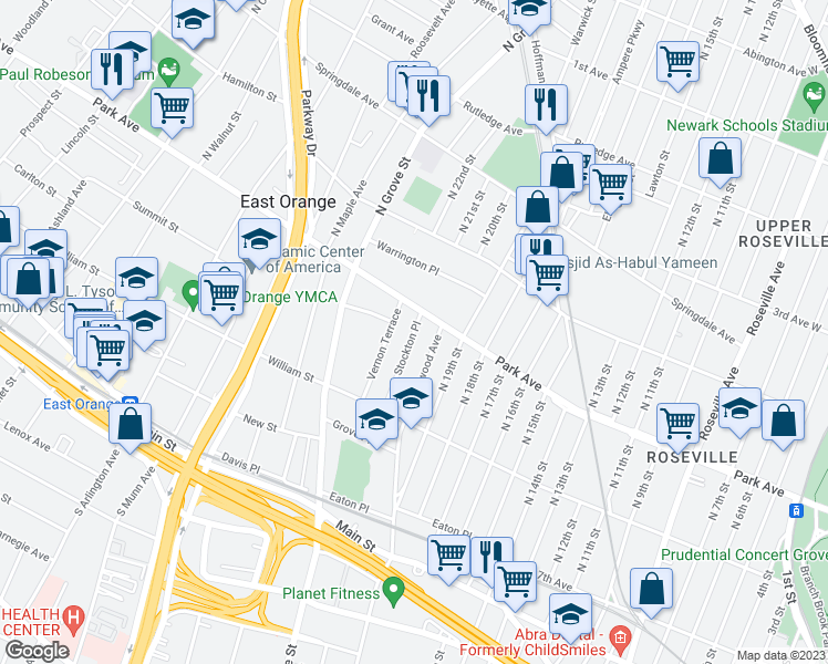 map of restaurants, bars, coffee shops, grocery stores, and more near 80 Vernon Terrace in East Orange