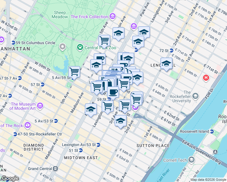 map of restaurants, bars, coffee shops, grocery stores, and more near Lexington Ave & E 61st St in New York