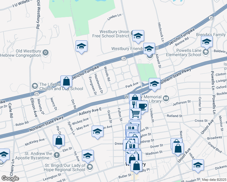 map of restaurants, bars, coffee shops, grocery stores, and more near 100 Park Avenue in Westbury